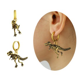 Women Mens 18K Godl Plated Punk Rock Dinosaur Skeleton Dangle Earrings Cool Tyrannosaurus Rex Earrings