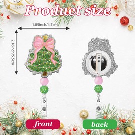 Obookey Christmas Tree Badge Reel with Retractable Clip, Cute Pink Bow Holiday Nurse ID Card Badge Holder, Glitter Name Tag Badge Reels for Women Nursing Accessories Student Teacher Gifts