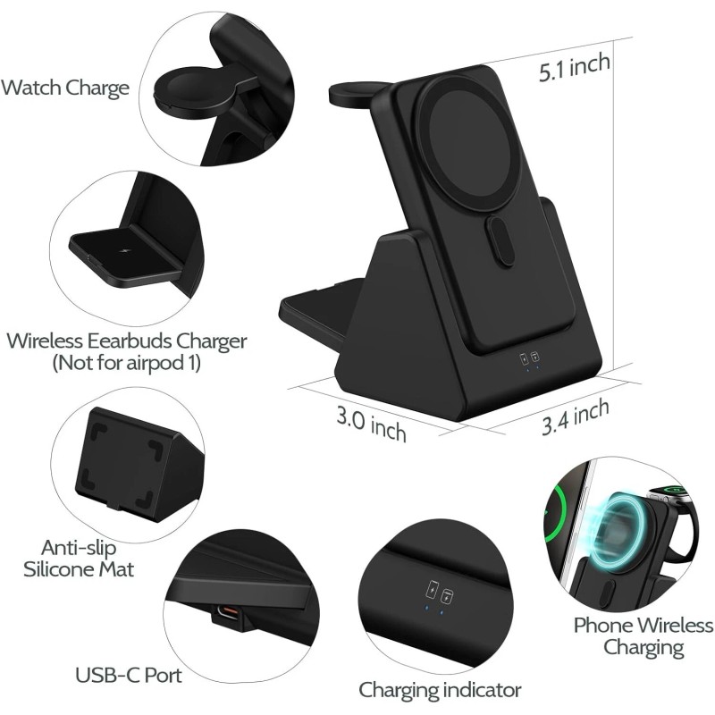 Smtcsl 3-in-1 Charging Station + 5000mAh Mag-safe Battery Pack for