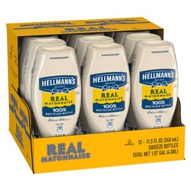 Hellmann's Real Mayonnaise Squeeze Bottle Made from 100% Recycled Plastic, No-Mess Cap, Condiment for Sandwiches, Salads, Mayo Made with Cage Free Eggs, Gluten Free, 11.5 Fl Oz (Pack of 12)