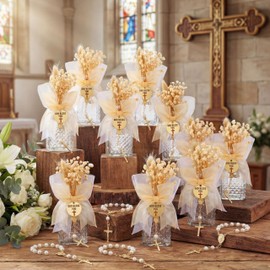 Reallnaive 24 Set Holy Water Bottles Gift Set Catholic Baptism Favor for Holy Container with Rosary for Christening First Communion Daily Prayer & Blessings Wedding & Funeral (Boho)