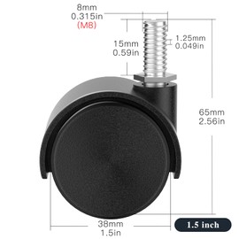 1.5 Inch Plastic Casters Set of 4, M8 Stem Nylon Furniture Wheel Replacement, Threaded Stem Swivel Cart Wheels, Workbench Small Casters (Black)