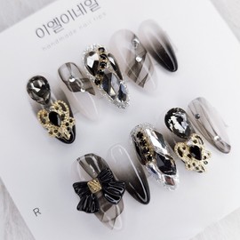 Black Granation Full Stone Nail Handmade Nail Tips - Coffin / 블랙그라네이션 풀스톤네일 수제네일팁 - 코핀