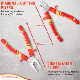 Kapstrom 3 Pc Electricians Pliers Set, Professional Insulated & VDE Tested Combination, Long/Needle Nose & Diagonal Cutting Pliers/Side Cutters, Multi-Purpose Tools w/Comfort Grips