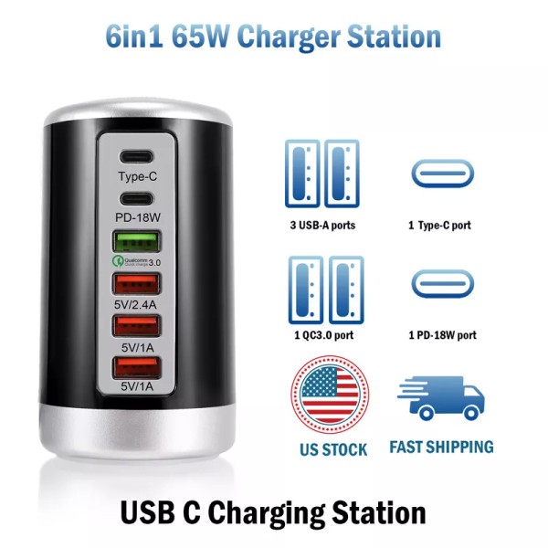 Universal 65W 6-Port USB C Fast Wall Charger Block Charging