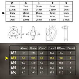 Prmape Pack of 24 Wire Rope Clamps 3 mm, 12 Pieces Rope Clamp M3 + 12 Pieces M3 Thimbles, Wire Rope Clamps 304 Stainless Steel, U-Bolt Bow Shape Steel Cable Rope Connector for Wire Rope Steel Cable