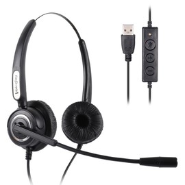VoiceJoy Call Center Noise Cancelling Corded Binaural Headset Headphone with Mic Microphone with USB Plug for Computer and Laptop, Volume Control and Mute Switch