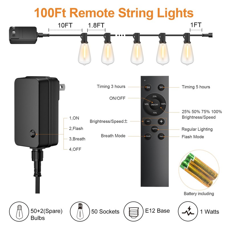 LaPitio 100FT Remote Outdoor String Lights for Outside, 50+2 LED