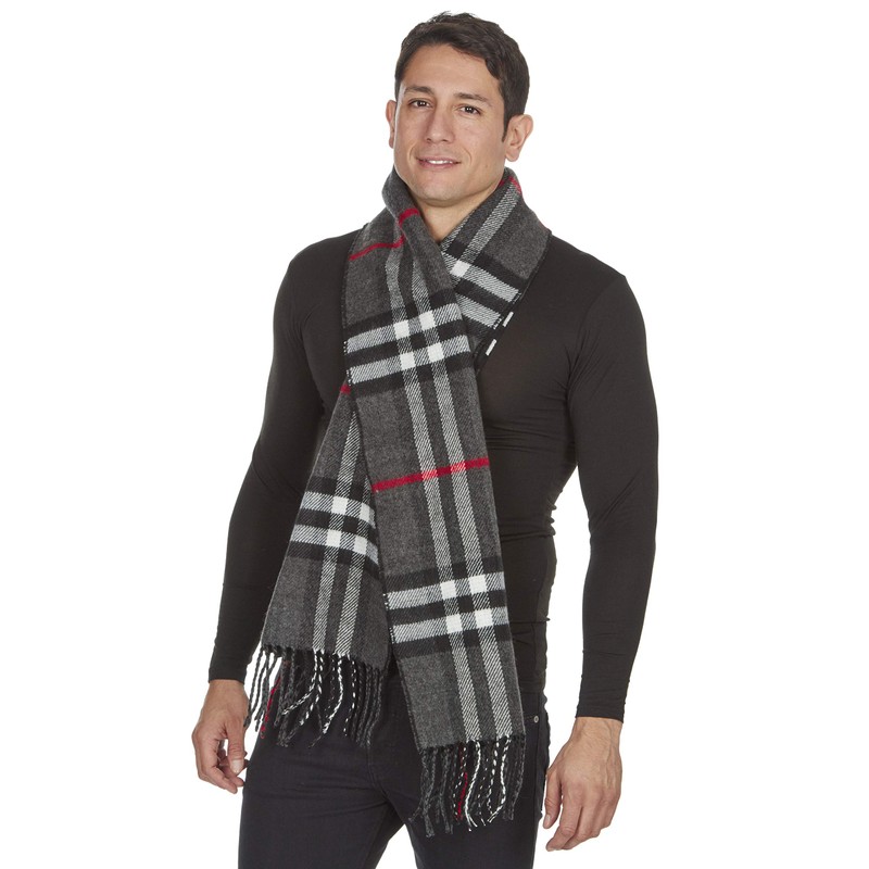 Atano Mens Reversible Checked Scarf with Tassels Black