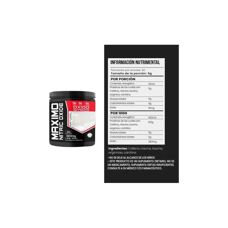 Óxido Nítrico 300g Pre Entreno Maximo Protein 60 Servs
