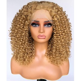 Lizzy 16 Zoll Curly Spitze Vorderseite Perücken für schwarze Frauen synthetische kurze Curly Spitze Vorderseite Perücken mit Babyhair Tiefe Curly Wave13x4 HD Glueless Curly Perücken (Blond)
