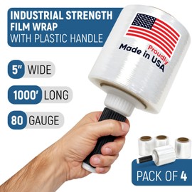 Paclord 5" x 1000’ Industrial Strength Stretch Wrap, Ready to Use Pack of 4 Stretch Film Rolls with one Handle, 80 Gauge, 500% Elongation - Shrink Wrap for Moving
