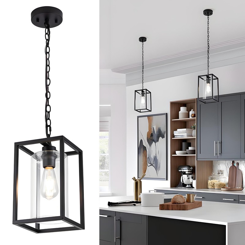 MAYNA 1-Light Farmhouse Pendant Light, Black Metal Cage Light Fixtures