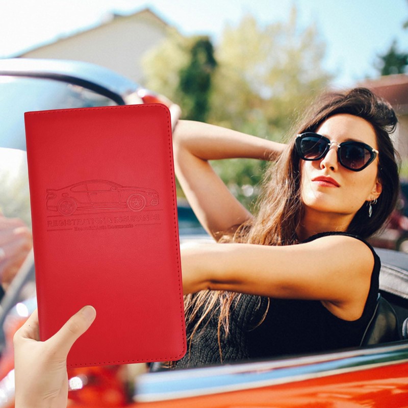 Car Registration and Insurance Card Holder, Leather License Document Red