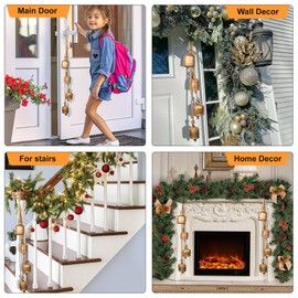 Christmas Bells - 4 Vintage Cluster Cow Bells on Rope, Hanging Decorative for Wall, Bedroom, Living Room, Door, Harmony Handmade Rustic Bell (Gold)