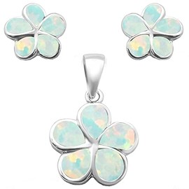 CloseoutWarehouse White Simulated Opal Plumeria Flower Earrings Pendant Set Sterling Silver