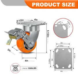 4"x2" Super Heavy Duty Casters- Kingpinless Crowned Polyurethane Tread Aluminum Core Wheel, Rust and Wear Resistant, Capacity up to 1500Lb Per. (1 Brake)