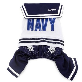 SELMAI Boy Navy Captain Costume Jumpsuit Seaman Outfits for Small Dog Cat Puppy Tee Shirts with Pants Chihuahua Clothes S