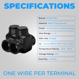 OhLectric Electrical Power Cable Connectors - Single Entry Splice - Black Insulated Vinyl Coated Wire - 2-14 Wire Range - Slotted Allen Hex - Aluminum Connector for CU9AL Wires - Pack of 4 - OL-67604