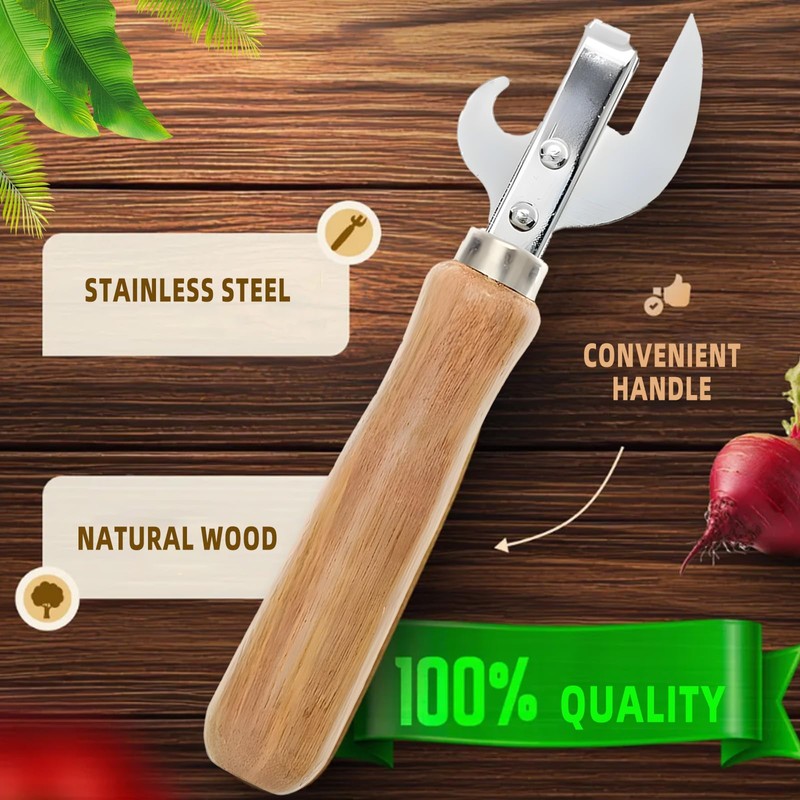 Tin Opener, Side-Cut Can Opener with Ergonomic Wood Handle, Safe