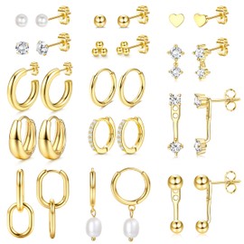 Small Gold Hoop Earrings Set for Women - 14K Gold Plated Hypoallergenic Lightweight Chunky Open Huggie Hoops Dainty Cartilage Stud Hoop Earring Stacks for Multiple Piercing（14K Gold Plated-White CZ