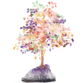 MASGEMES Chakra Tree of Life Natural Gemstone Crystal Tree,Healing Stones(406 Stone Count) with Amethyst Cluster,Fengshui Decor Bonsai Money Tree,Positive Energy Good Luck Gift Size 8.5"-9"