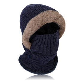 AYPOW Winter Knitted Hat Scarf Set for Women, Fashion Warm Beanie Hat Cap with Neck Warmer Adjustable Face Cover, Windproof Snoods Hood Hat Thermal Fleece Lining for Ladies Girls Gift Navy Blue