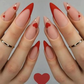 Red French Tip Press on Nails Heart Fake Nails Medium Stiletto False Nails with Line Design Love Glue on Nails Glossy Acrylic Full Cover Nude Pink Stick on Nails for Women Valentine's Day Manicure