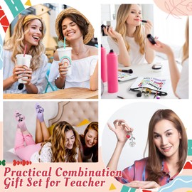 Funnymoom 24 Pcs Teacher Appreciation Gift from Students 2025 Graduation Gifts Bulk 24 oz Plastic Tumbler Cup Teacher Makeup Cosmetic Bag with Zipper Crew Sock and Keychain for Retirement (Rainbow)