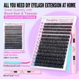 Pawotence Lash Extension Kit DIY 280pcs Individual Lash Clusters Kit 50D 9-16mm Cluster Eyelash Extensions Kit with Lash Bond and Seal, Lash Tweezers for Self Application (50D, 0.07D, 9-16mm, Kit)