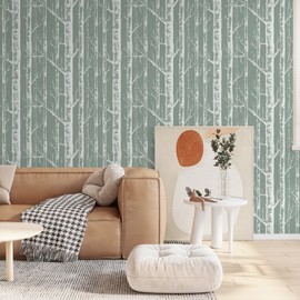 VEELIKE Sage Green Birch Tree Peel and Stick Wallpaper Vintage Woodland Forest Birch Wallpaper for Bedroom Farmhouse 17.7''x118'' Self Adhesive Removable Tree Wall Mural Green Contact Paper for Walls