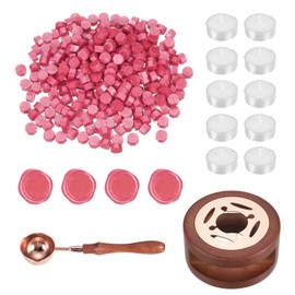 PATIKIL Wax Seal Kit, 300 Pcs Wax Sealing Beads, Wooden Warmer, Melted Spoon, 10 Pcs Tealight Candles for Envelope Letter Mailing Crafts DIY, Rouge Pink