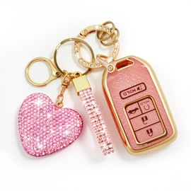 Nomiyo Key Fob Cover with Diamond Bling Keychain for Women, Car Key Holder Compatible with Honda 2016 2017 2018 2019 2020 2021 etc, TPU Key Case and Elegant Heart Key Chain (Pink, 1PCS)