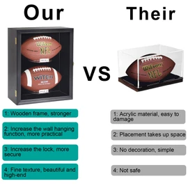 COMSREV 2 Football Case Display Case Wall Mount Full Size Wooden Football Box Memorabilia w/98% UV Acrylic Door Holder Transparent Signed Protective Shelf（Black）