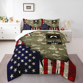 Feelyou American Flag Camo Comforter Set Queen Size Kids 4th of July Patriotic Camouflage Bedding Set for Boys Girls Men Green Military Army Comforter Breathable Duvet,1 Comforter with 2 Pillowcase