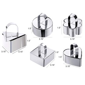 BAILIQI - Juego de 5 anillos para tartas de 3.15 pulgadas, con empujador de acero inoxidable (triángulo redondo de corazón de flor cuadrada) para postre y hornear moldes (incluye 5 anillos y 5