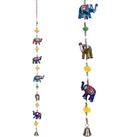 Set of 2 Ethnic Kalamkari Multi colour Hand Painted Door Hanging Ornament Decorative Five Elephant Stringed Together with Beads and Bell Winf Chime