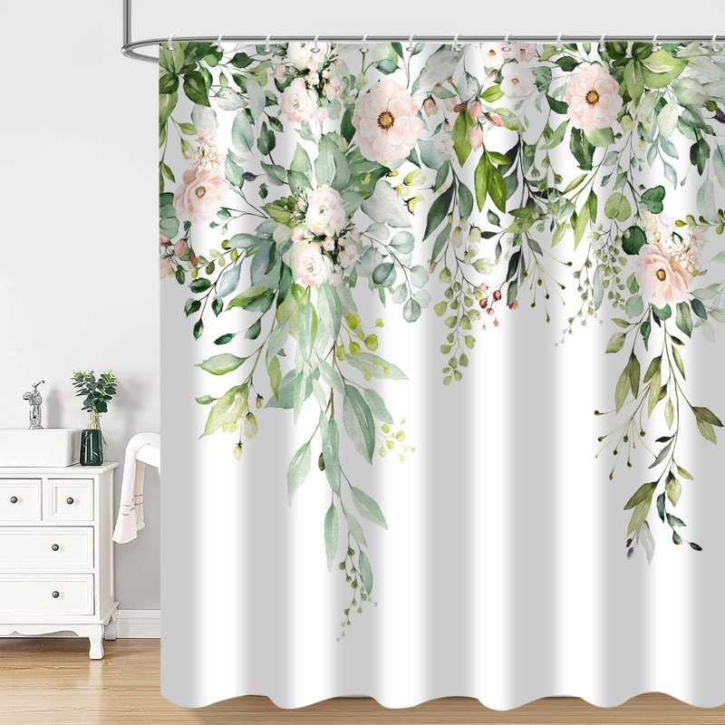 GKLEASG Sage Green Eucalyptus Shower Curtain Watercolor Leaves Floral Spring
