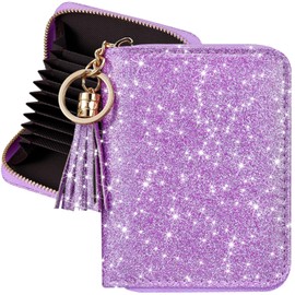 HOTCOOL Credit Card Holder for Women, Card Leather Cases Small Wallet for Women Girls, KeyChain Zipper, RFID Blocking, Travel Cute, Organizer Gifts, Purple