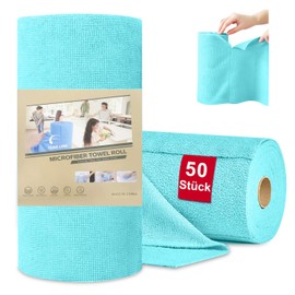 Microfibre Cleaning Cloths, Pack of 50 per Roll, Tear-Off Cleaning Cloths, Reusable Microfibre Cloths, Lint-Free Microfibre Cleaning Cloth for Kitchen, Bathroom, Car (30 x 30 cm, Teal)