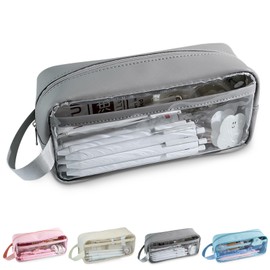 Yoolly Clear Pencil Case, Clear Exam Pencil Case, Waterproof PVC Zippered Toiletries Storage Pouch, Travel Luggage Pouch Make up Cosmetic Bag (Grey)