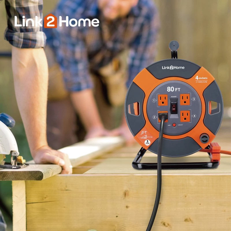 Link2Home Cord Reel 80 ft. Extension Cord 4 Power Outlets
