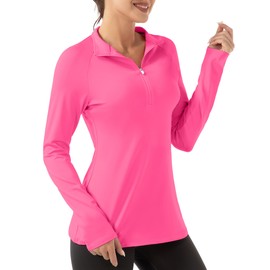 FKEEP Women's Polo Shirts Long Sleeve UPF 50+ Sun Protection Tennis Golf Workout Tops Sport Zipper V Neck (Neon Pink, XS)