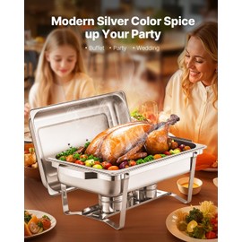 VEVOR Chafing Dish Buffet Set, 8 Qt 6 Pack, Stainless Steel Chafer with 6 Full Size Pans, Rectangle Catering Warmer Server with Lid Water Pan Stand Fuel Holder, for Weddings Parties Banquets, Silver