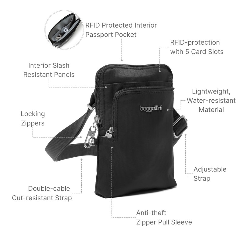 Baggallini Womens Securtex® Anti-theft Activity Crossbody Bag Cross Body, Black