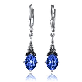 Sapphire Blue Earrings for Women Sterling Silver Vintage Leverback Earrings with Oval Simulated Sapphire Crystal from Austria, Earrings Gifts for Women Girls
