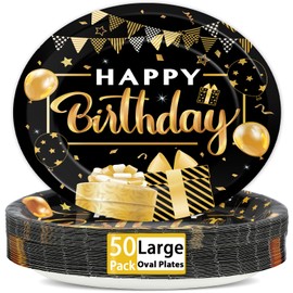 50PCS Black and Gold Birthday Oval Paper Plates 11inch Large Black Party Decorations Platters, Happy Birthday Party Heavy Duty Dish Tray for Men Women Gathering BBQ Dinner Tableware Supplies