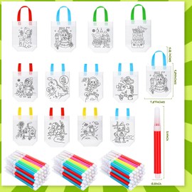 Felly Kids' Party Favours, 12Pcs DIY Graffiti Bags and 12 * 6 Watercolor Pens, Color Your Own Tote Bag, Eco Reusable for School Birthday Christmas Gifts Party Children Boys Girls