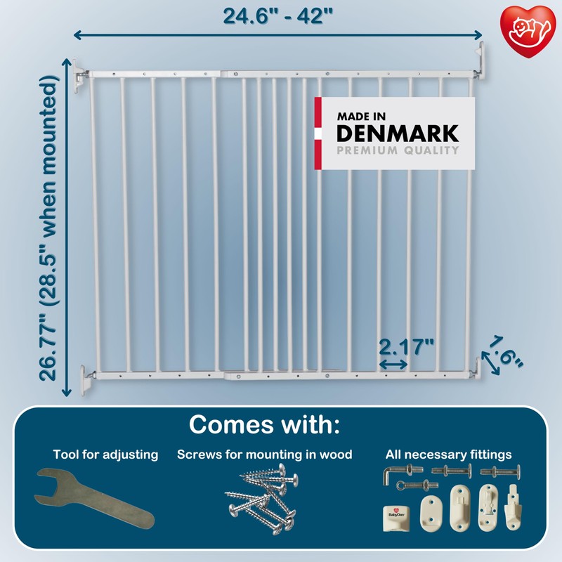 BabyDan MultiDan, 24.6"-42", Extendable Stair Gate/Baby Gate/Safety Gate, Metal, White,
