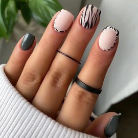 MERVF Short Press on Nails Square Fake Nails Dark Green Squoval Glue on Nails Press ons French Tip Acrylic Nails with Zebra Print Design 24pcs Glossy